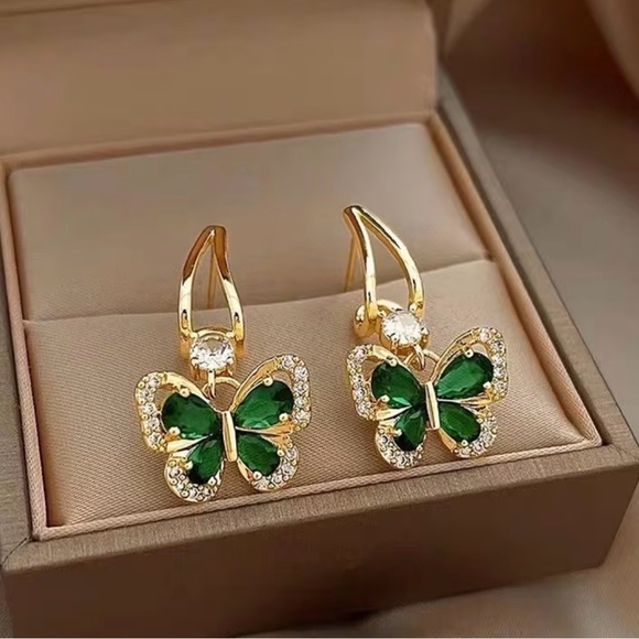 Anthropologie Jewelry - Elegant Butterfly Earrings with Green and Gold Accents. (Box not included).